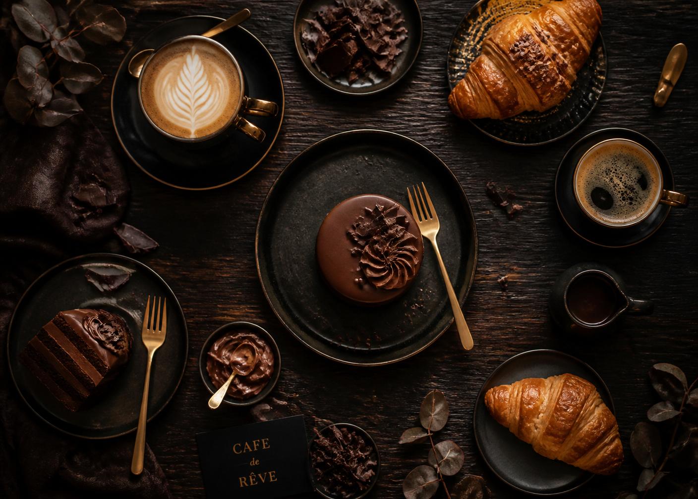 Chocolate desserts, coffee and croissants at Jadeel Coffee Riyadh