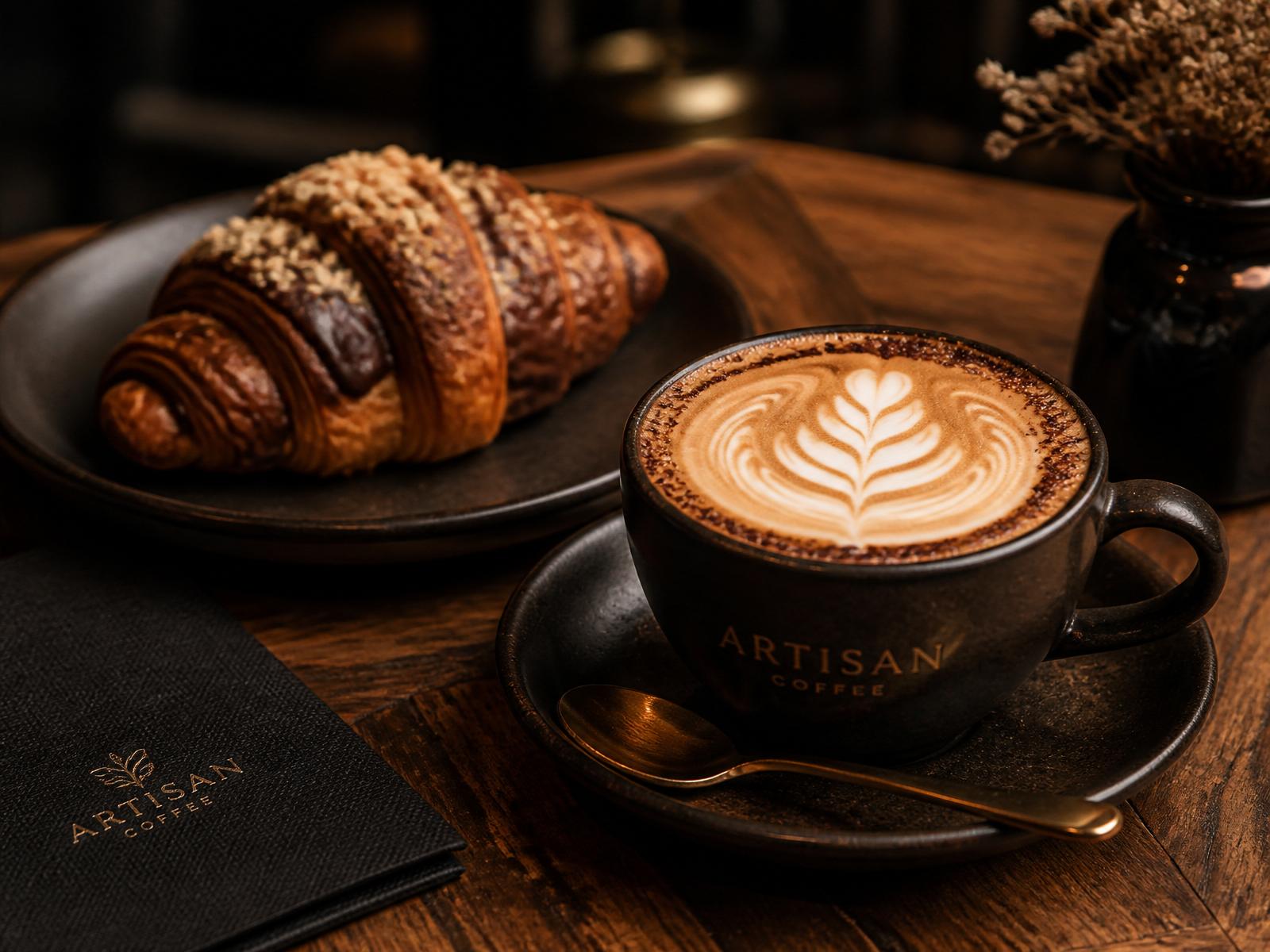 Specialty coffee and chocolate croissant at Jadeel Coffee, Al Olaya, Riyadh